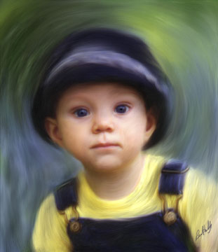 This digital painting was made from a photo of a little boy, background paited more loose, face of boy painted more photo like.